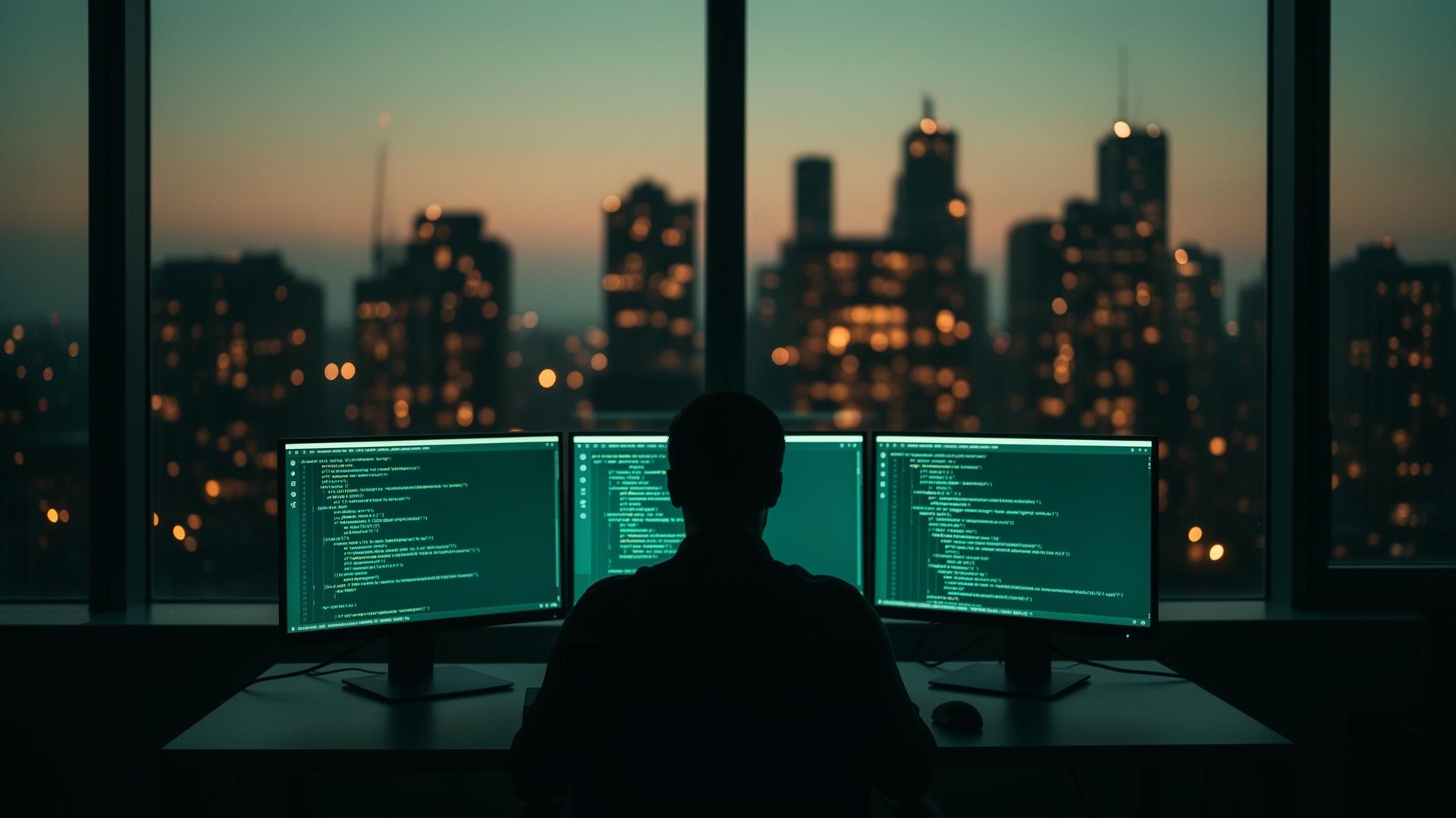 Engineer at monitors with city skyline